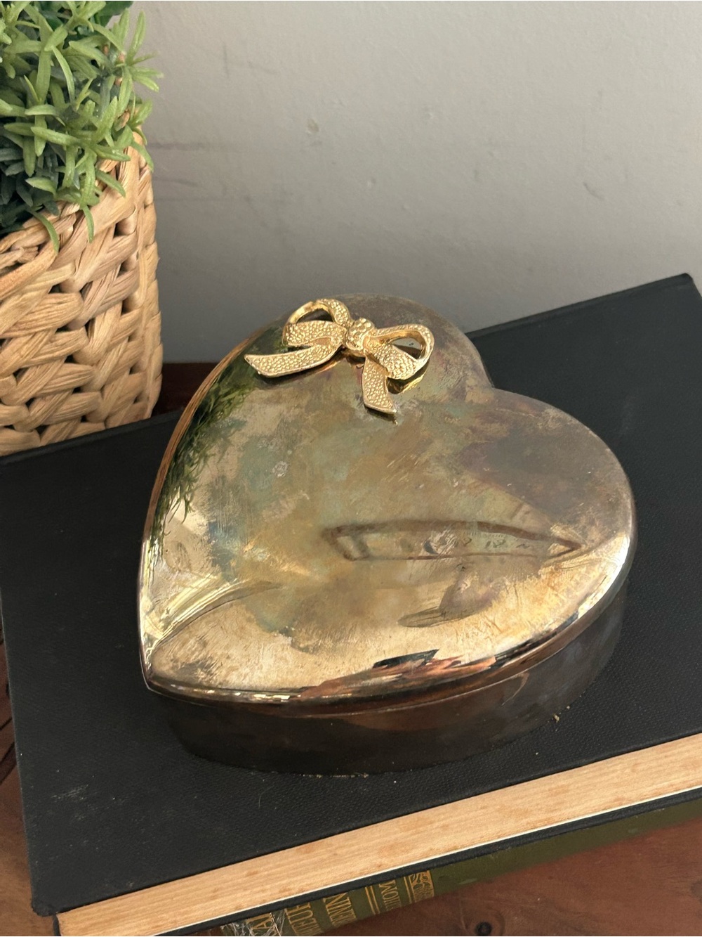 Vintage Silver Plated Heart Shaped Trinket Box With A Gold Coloured Bow